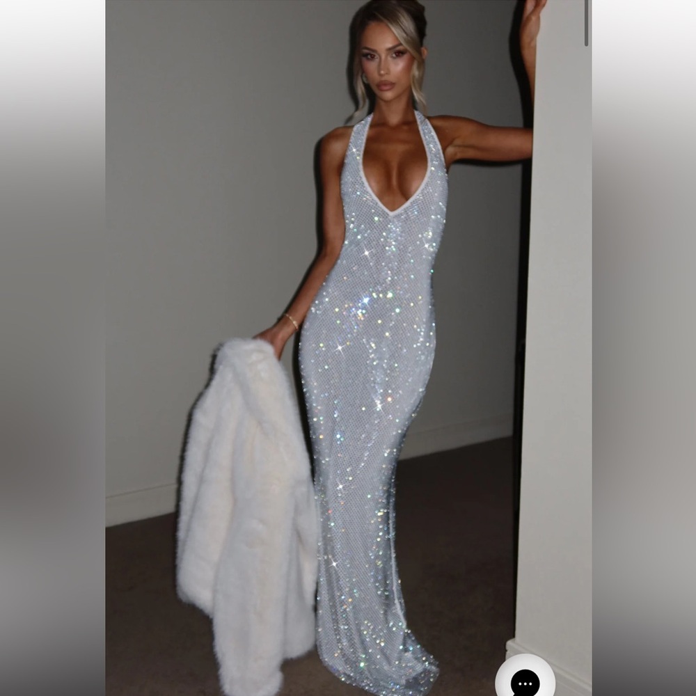 Elegant White Sequin Halter Sparkly Dress